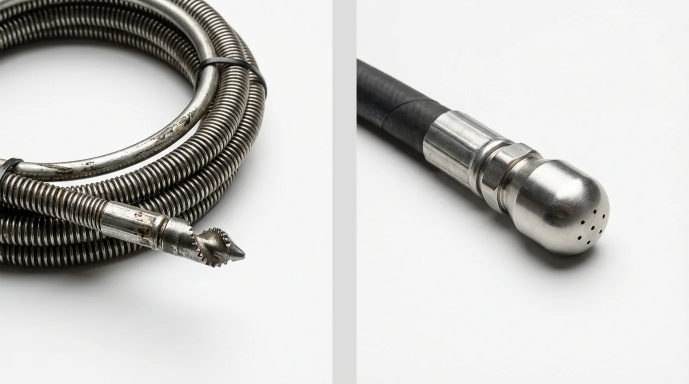 Drain snake cable and hydro jetting nozzle used for drain cleaning in Bridgewater, NJ