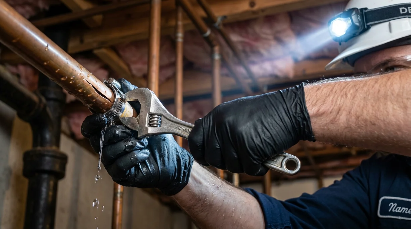 Emergency pipe clamp repair being performed by a Johns Plumbing LLC plumber in Bridgewater
