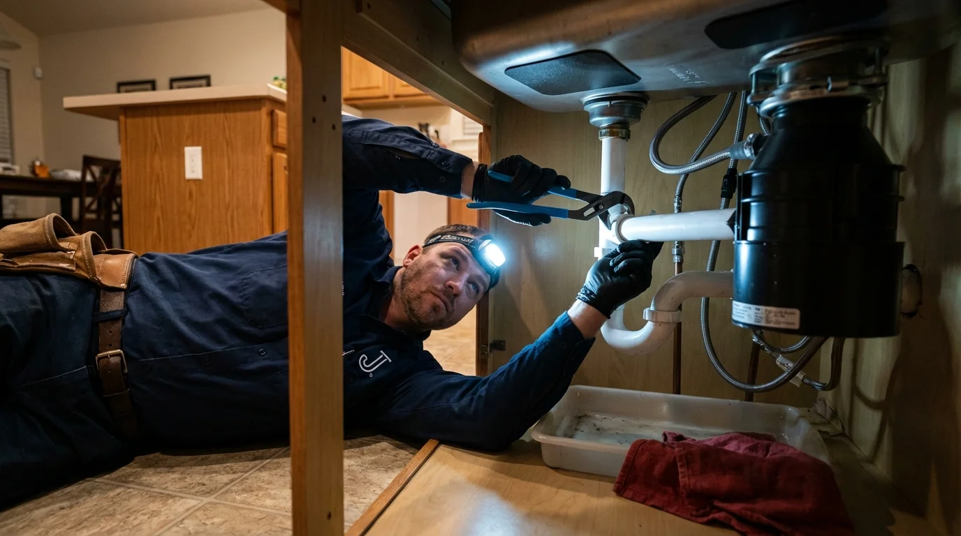 P-trap and supply line connections under a kitchen sink showing a common leak point in Bridgewater, NJ